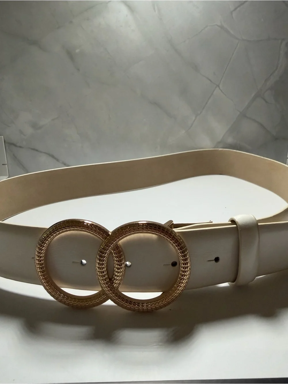 White faux leather interlocking double gold circle metal buckle womens belt